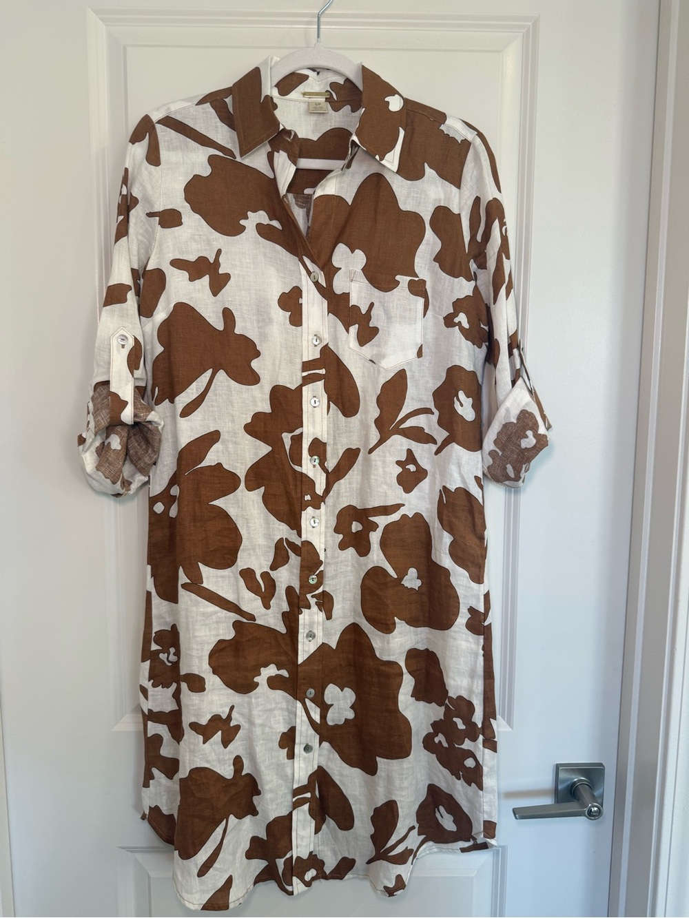 Magaschoni White & Brown Linen Midi Shirt Dress